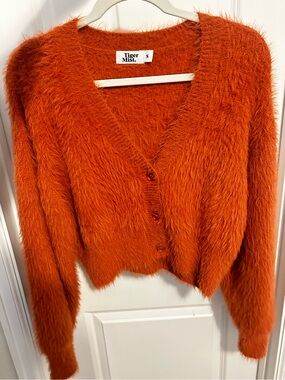 Tiger Mist Orange Fuzzy V-Neck Cardigan